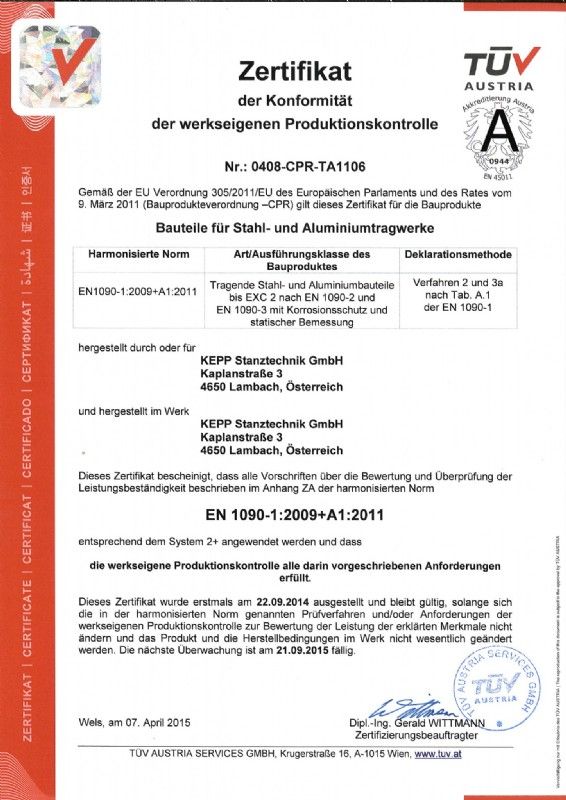 Zertifikat stahl und Aluminiumtragwerke